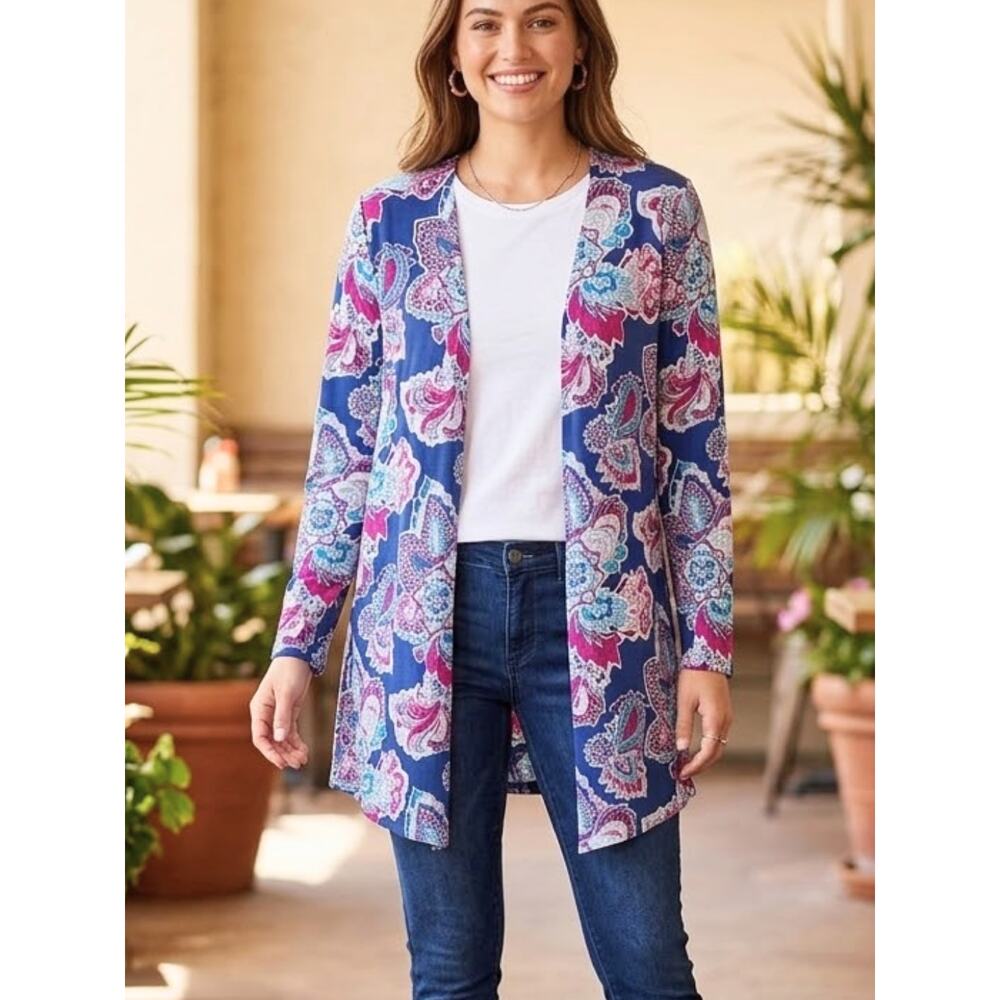 CHICO’S Blue Paisley Floral Open Front Cardigan | Lightweight Travel Layer S/4